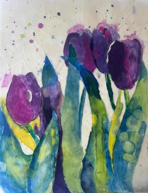 Watercolor Batik on Rice Paper -- Two Tulips