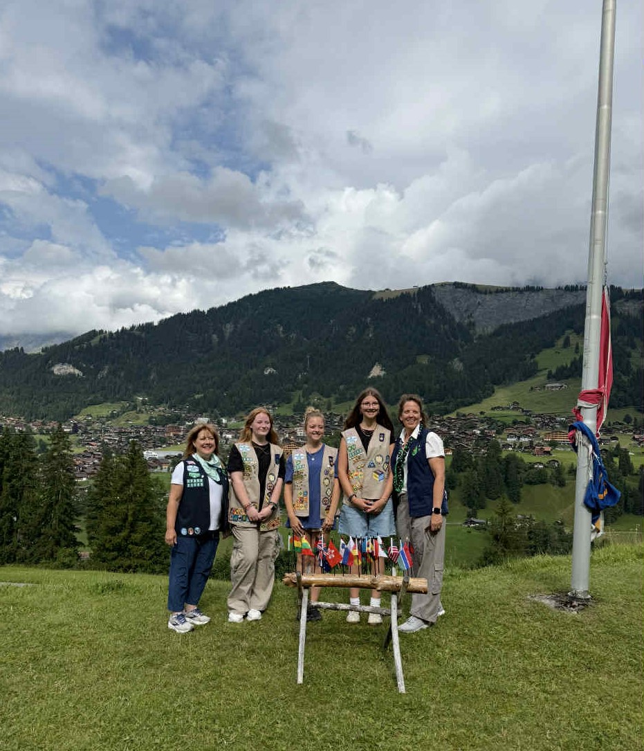 The members of Girl Scout Troop 20588 in uniform at Our Chalet World Centre in Switzerland