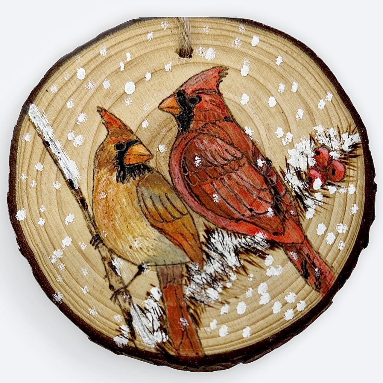 Wood Burning Class with Liz, set 3 ornaments featuring different cardinals