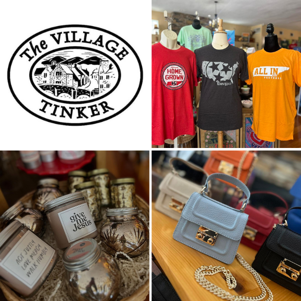 Village Tinker boutique in Maryville TN featuring handmade accessories, Tennessee memorabilia, and unique gift items inside the family-run shop