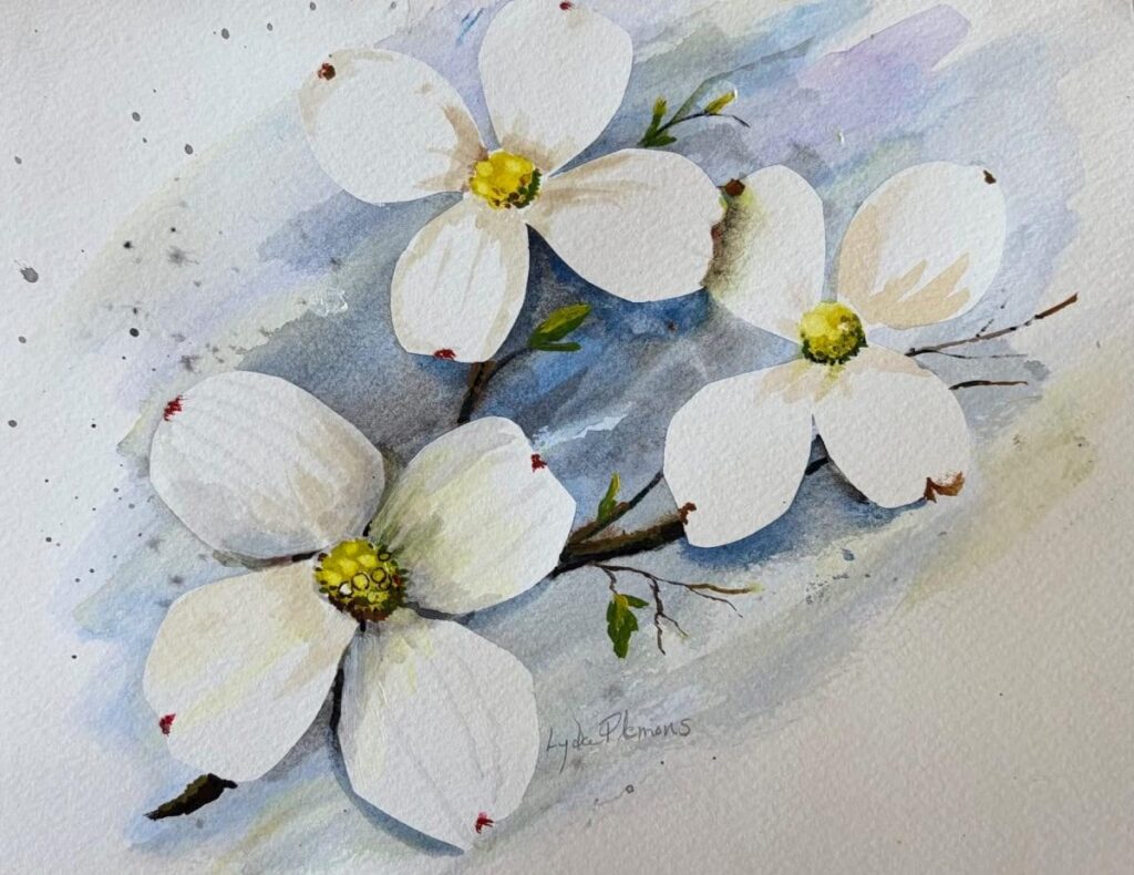 Watercolor class -White Dogwood Trio- with Lyda