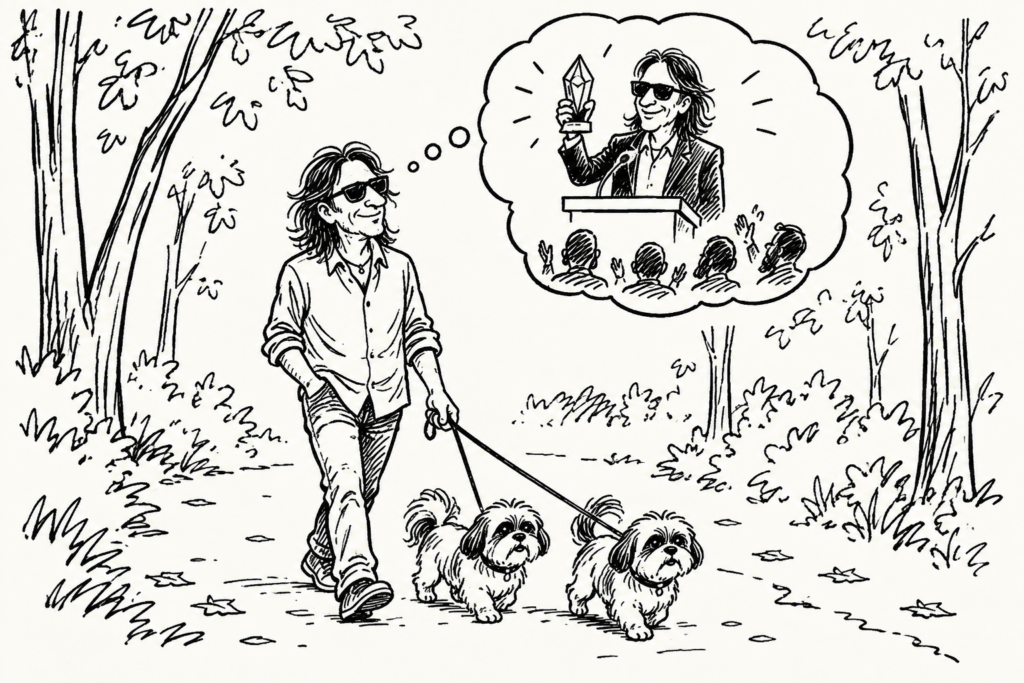 Illustration of a man walking two dogs while imagining an awards acceptance speech